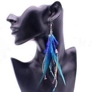 Colorful Blue Boho Chic Feather & Beaded Tassel Dangle Earrings I NWT Jewelry